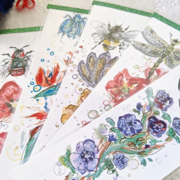 🐝 Yellow Bug Bee and Three Flowers Art Bookmark - Picture 4 of 5